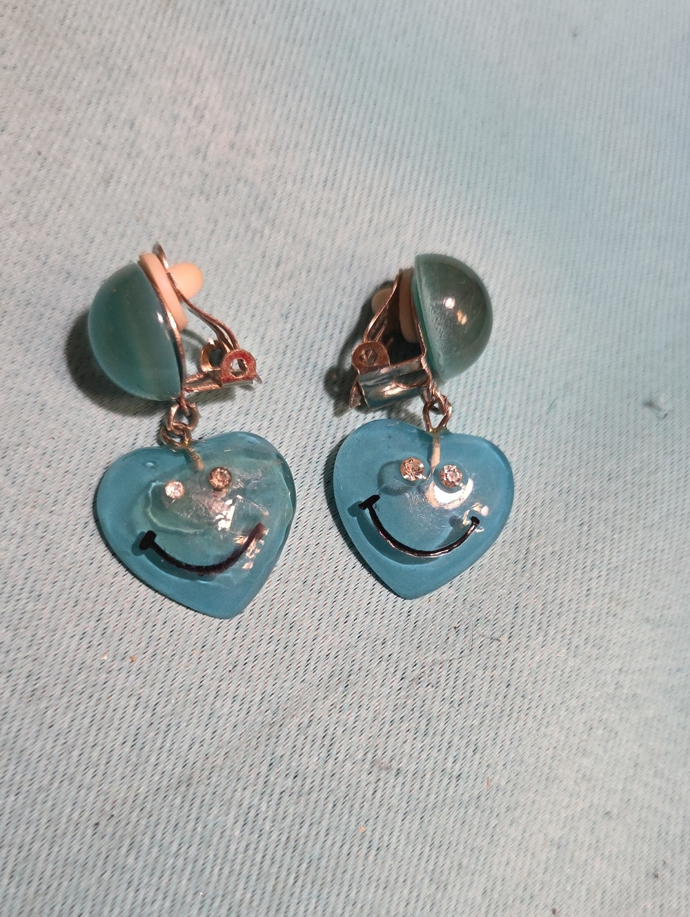 Blue Heart Smile Clip On Drop Earrings